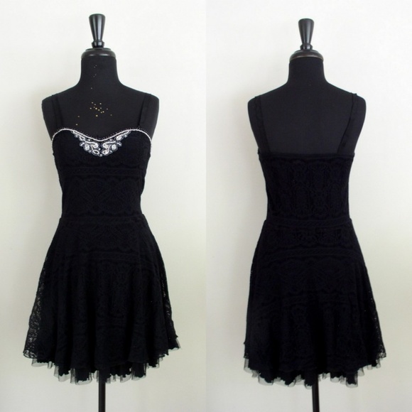 Free People Black Lace Beaded Fit & Flare Dress M - Picture 2 of 8